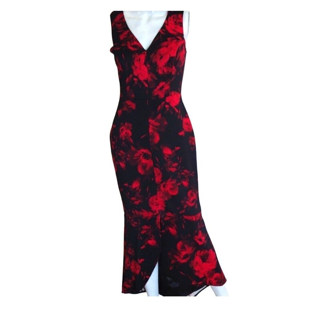Sweet Storm Women Hi-Low Red Floral V-Neck  Sleeveless Dress‎ M Stretchy